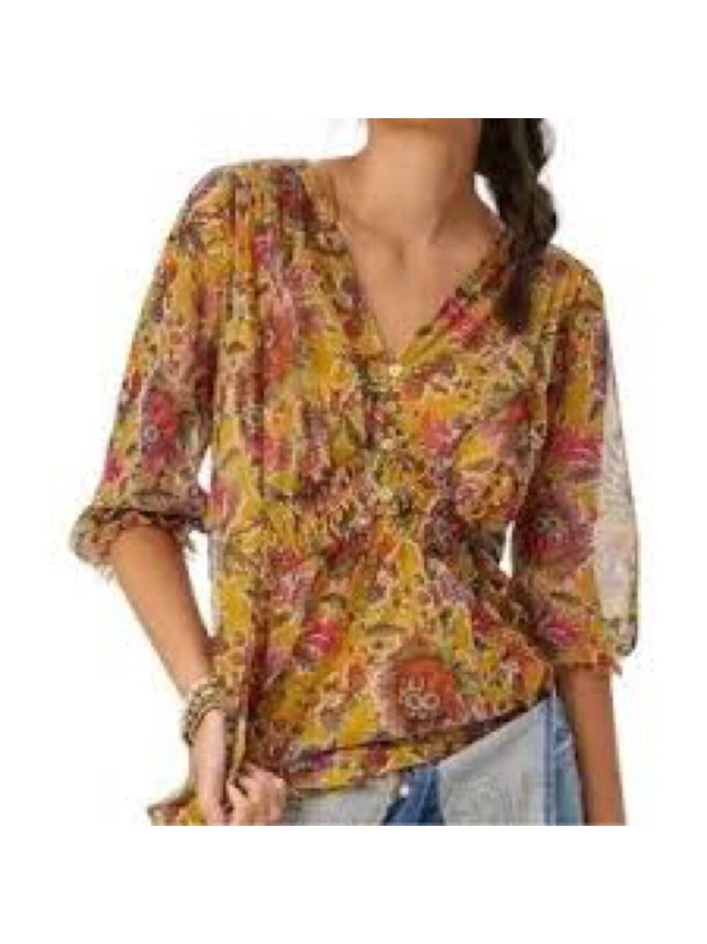 Anthropologie Gretchen Mustard Floral Smocked Top Sz-XS